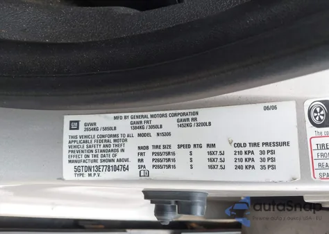 2007 Hummer H3 Suv z USA, uszkodzony, nr VIN 5GTDN13E778104764